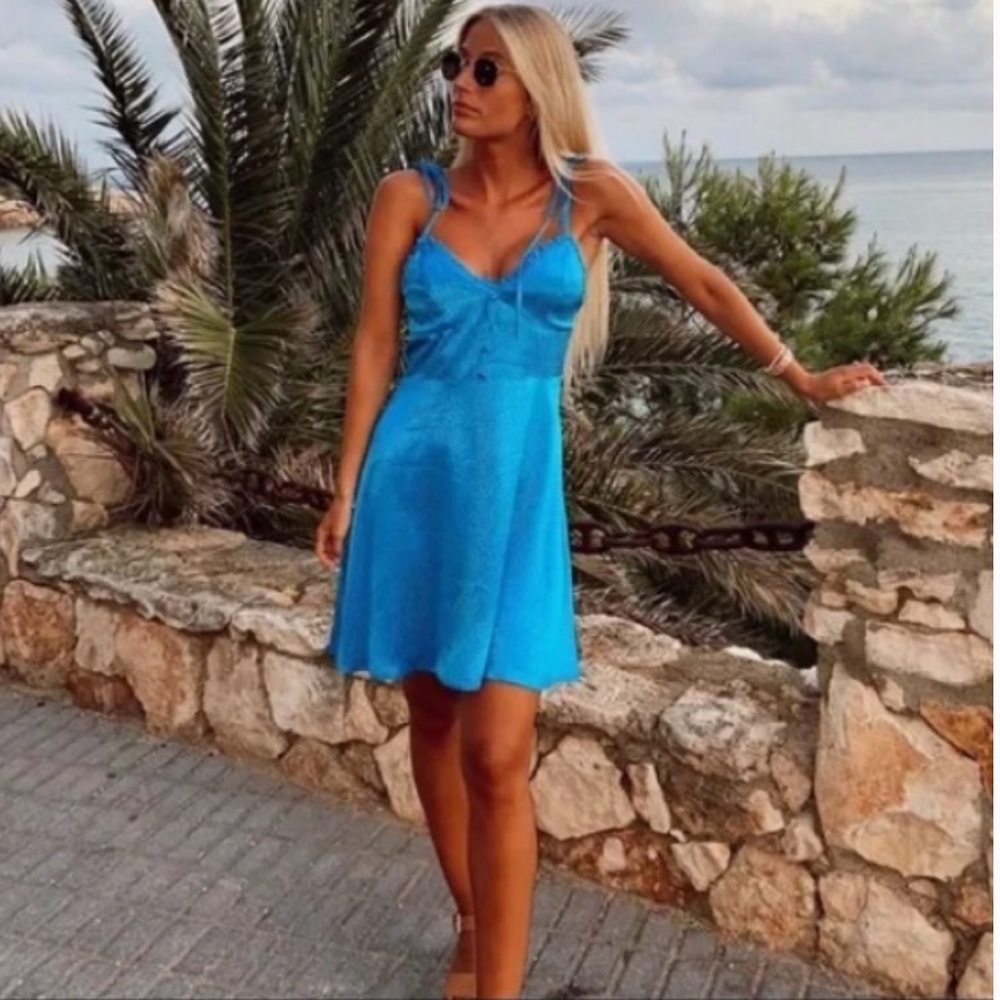 Zara Satin Effect Mini V-Neck Dress Spaghetti Straps w/ Ties Ruffled Trim XS NEW